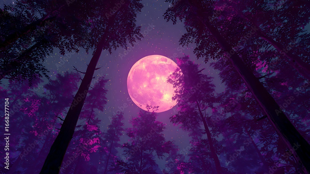 Naklejka premium Enchanting mystical forest scene with glowing pink full moon at night