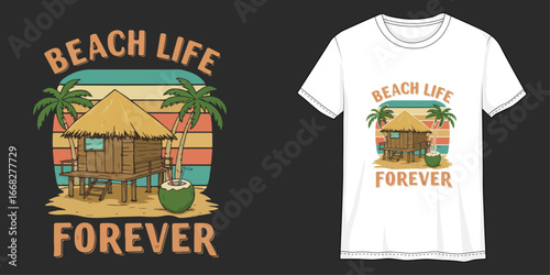 Beach Life Forever: A tropical illustration, captures the essence of beachside living, featuring a charming bungalow, swaying palm trees, and vibrant, warm color palettes.