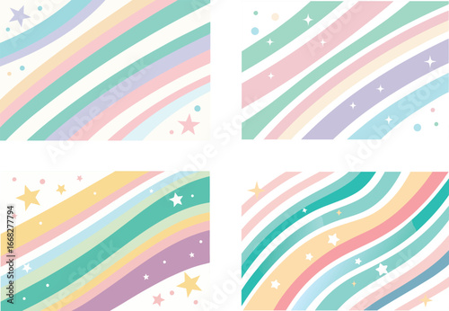Pastel striped backgrounds with star and circle confetti arrangements, ideal for design