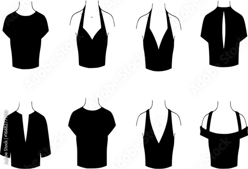 Neckline Type of Women Dress. Strapless Decolletage, Halter, Sweetheart, Queen Anne, V-Neck, Off Shoulder. Neck Line Fashion Blouse, Shirt Silhouette Pictogram Set. Isolated Vector Illustration