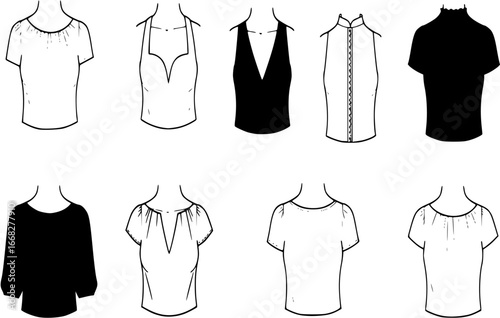 Neckline Type of Women Dress. Strapless Decolletage, Halter, Sweetheart, Queen Anne, V-Neck, Off Shoulder. Neck Line Fashion Blouse, Shirt Silhouette Pictogram Set. Isolated Vector Illustration