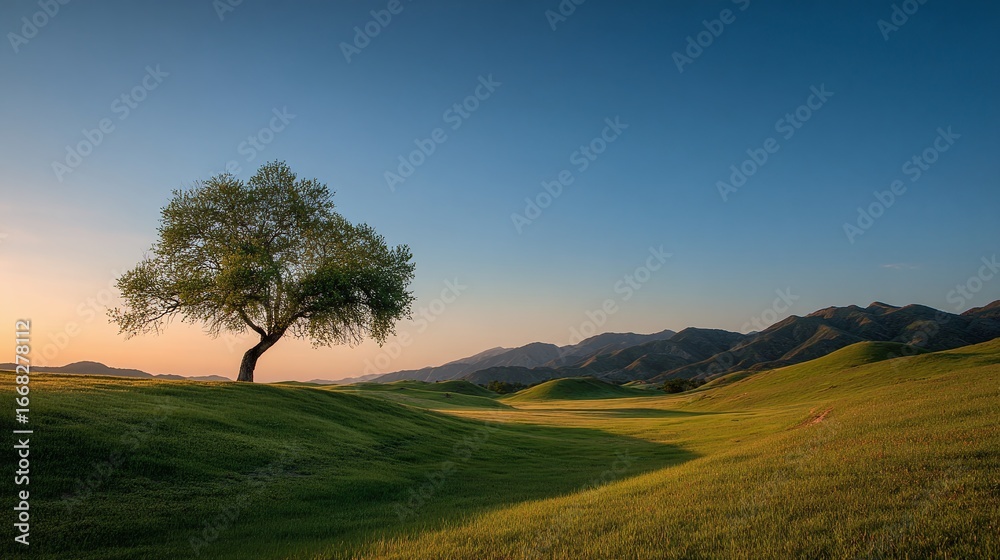 Fototapeta premium Lone tree on a grassy hill at sunset, with soft golden light bathing the landscape and mountains in the distance creating a serene and tranquil atmosphere.
