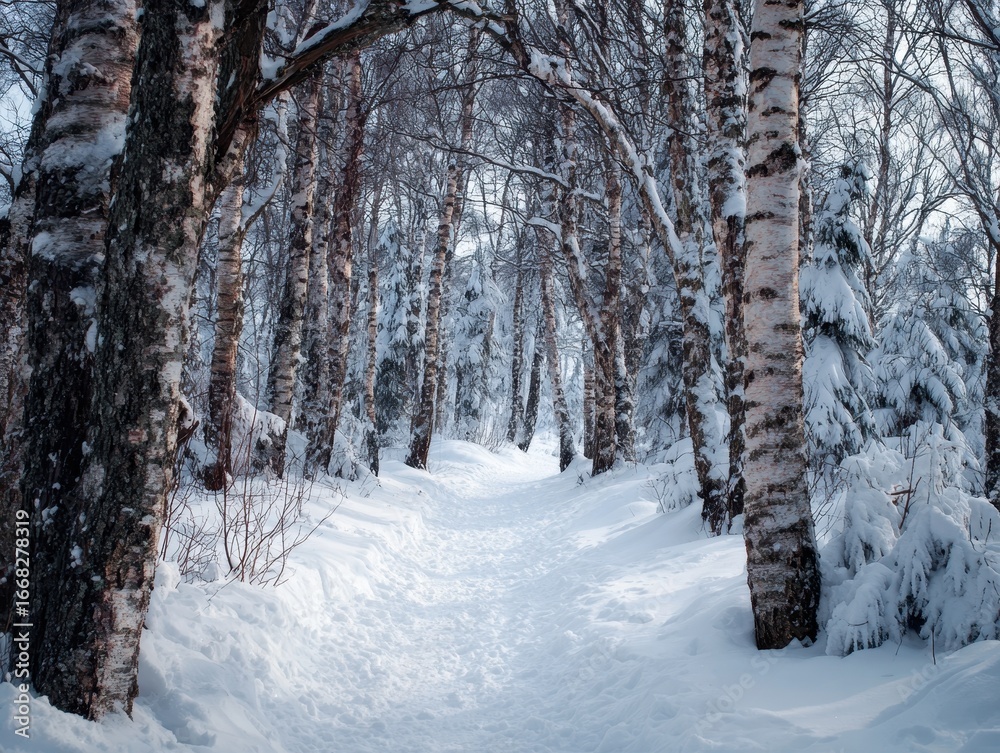 Fototapeta premium Snowy Path Through Birch Forest in Winter