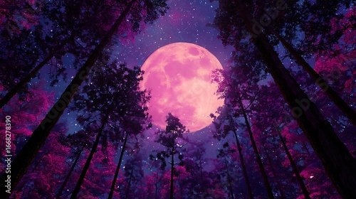Mystical enchanted forest under a giant luminous pink moon at night