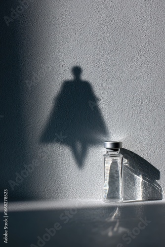 Vaccine Vial with Superhero Shadow on Textured Wall, Hope Concept