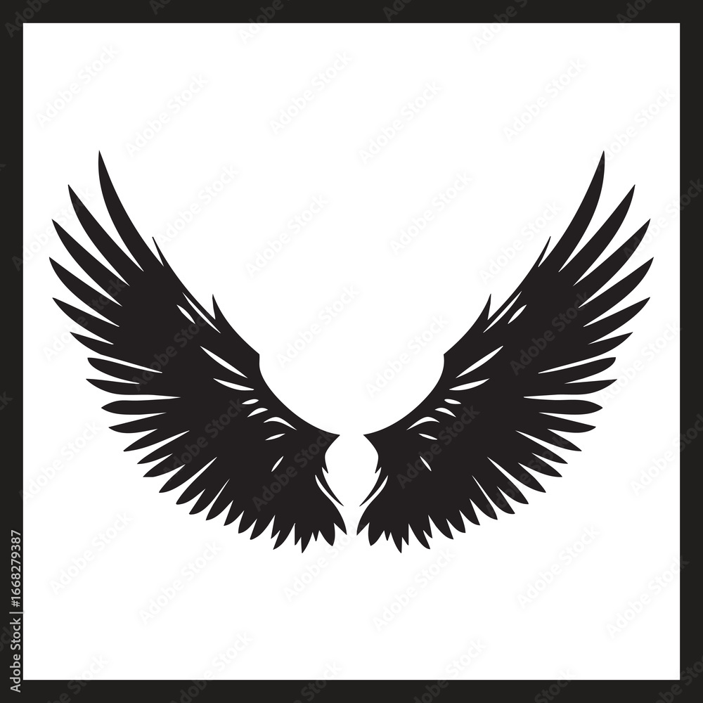 Obraz premium Black Wing Pair Illustration Symmetrical Feather Design in Graphic Vector Style with Square Frame 