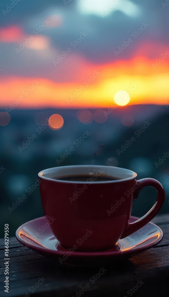 Fototapeta premium Warm coffee in ceramic mug, dusk sky backdrop, drink, serene