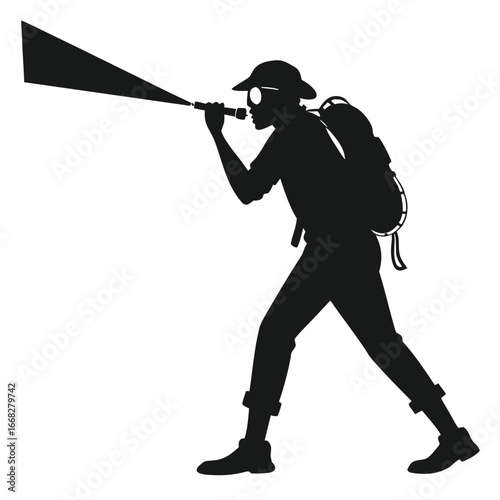 Cave explorer with headlamp silhouette