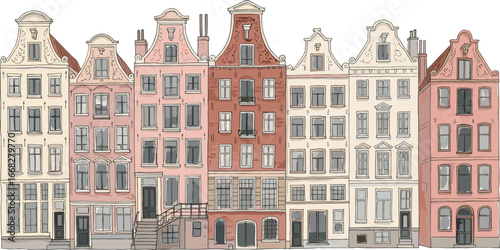 Watercolor illustration of traditional Dutch canal houses in Amsterdam, Europe architecture, historic city buildings, classic Netherlands street view.