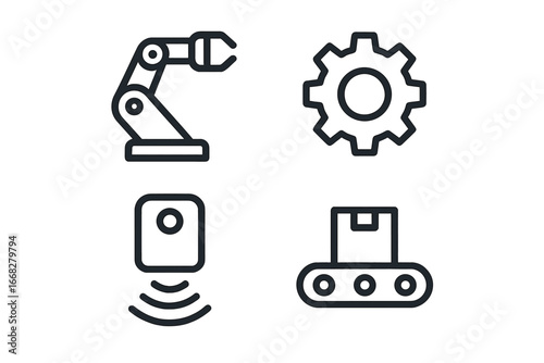 Industrial automation icons: robotic arm, gear, sensor, conveyor belt for manufacturing and technology