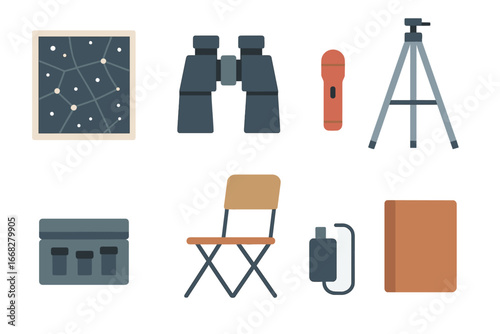Outdoor stargazing equipment: binoculars, telescope tripod, star chart, flashlight, portable chair