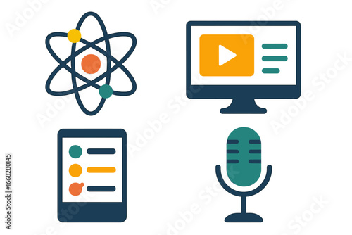 Modern flat icons for science, video, mobile app, and podcasting with vibrant colors