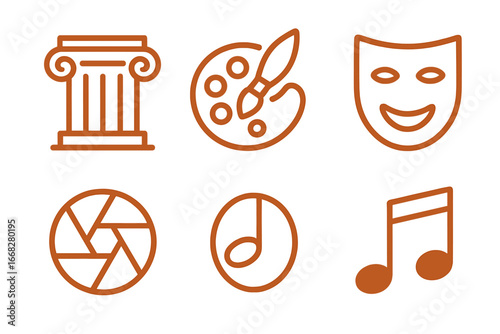 Art and culture icons: column, palette, mask, camera, musical notes, music symbol