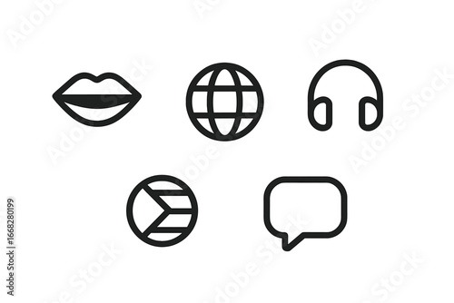 Five minimalist black line icons for communication and global connection, featuring lips, globe, headphones, and speech bubble