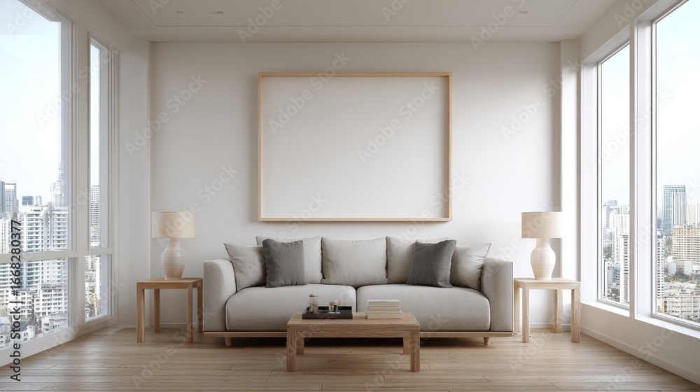 Fototapeta premium Interior shot of a sunlit modern living room, featuring a blank picture frame and cityscape views