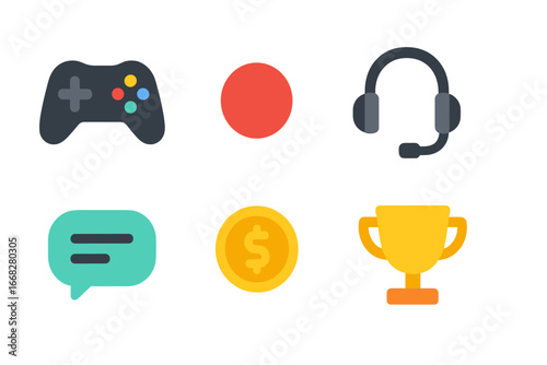 Modern flat icons for gaming, finance, communication, and achievement