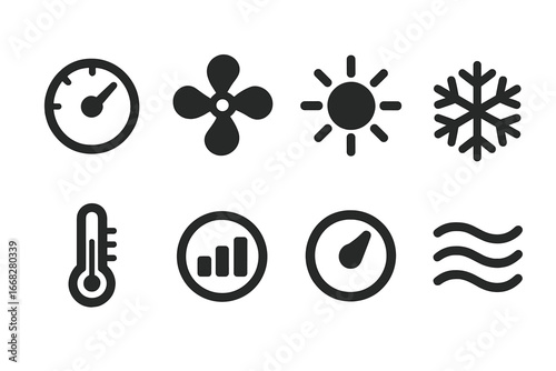Climate control and measurement icons: thermometer, fan, sun, snowflake, gauge, wavy lines