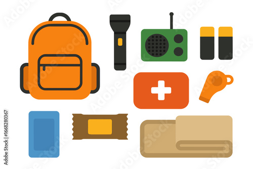 Outdoor adventure survival gear set with backpack, flashlight, radio, and first aid kit