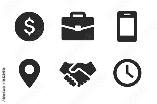 Business and finance icons: dollar, briefcase, smartphone, location, handshake, clock