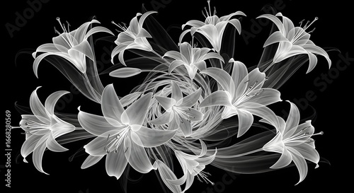 Ethereal White Lilies X-Ray Style on Black. Translucent Floral Art. Delicate Botanical Arrangement.