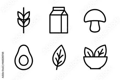 Simple line art icons for healthy food ingredients including wheat, milk, avocado, and greens