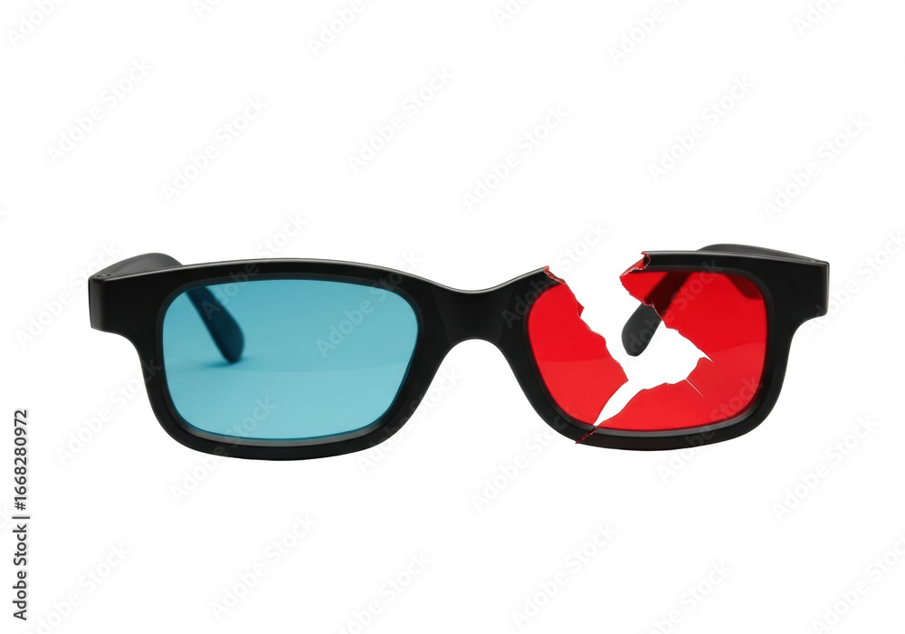 Fototapeta premium Classic anaglyph 3D cinema glasses, black plastic frame, left cyan lens, right lens torn out showing jagged edges, on seamless transparent studio background. Concept of broken technology