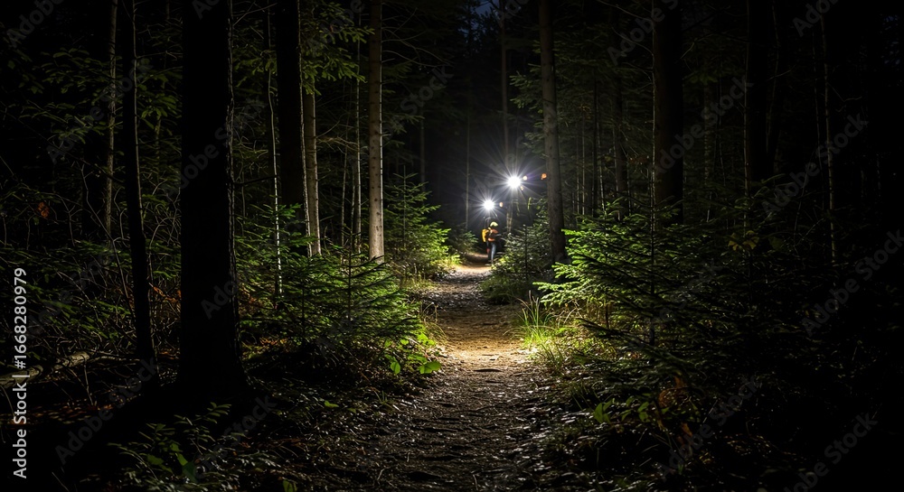 Fototapeta premium Illuminated Forest Path at Night: Headlamps Guide Hikers Through Dark Woods
