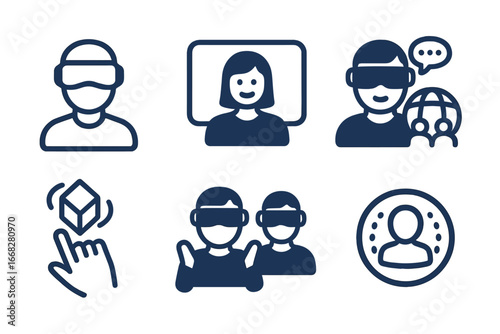 User interface icons for virtual and augmented reality experiences showing people interacting with digital objects and immersive worlds