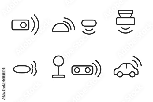 Wireless sensors and devices icons including cameras, motion detectors, and car with signal waves