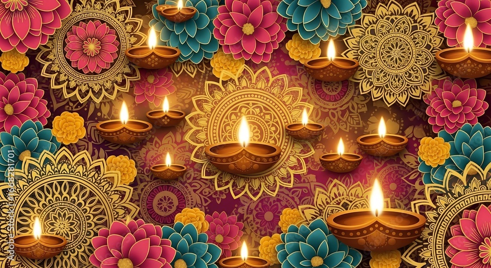 Fototapeta premium Vibrant Diwali celebration background with lit diyas and colorful flowers in warm tones