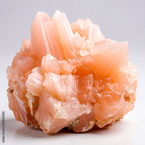 Delicate cluster of peach-toned crystalline structures creating a geode formation on white background
