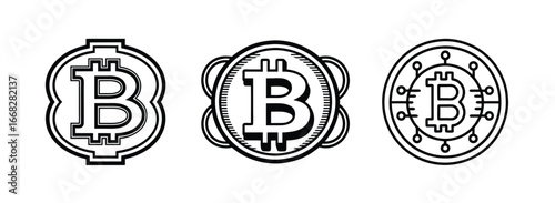 Three distinct stylized Bitcoin logo designs presented in a monochromatic style