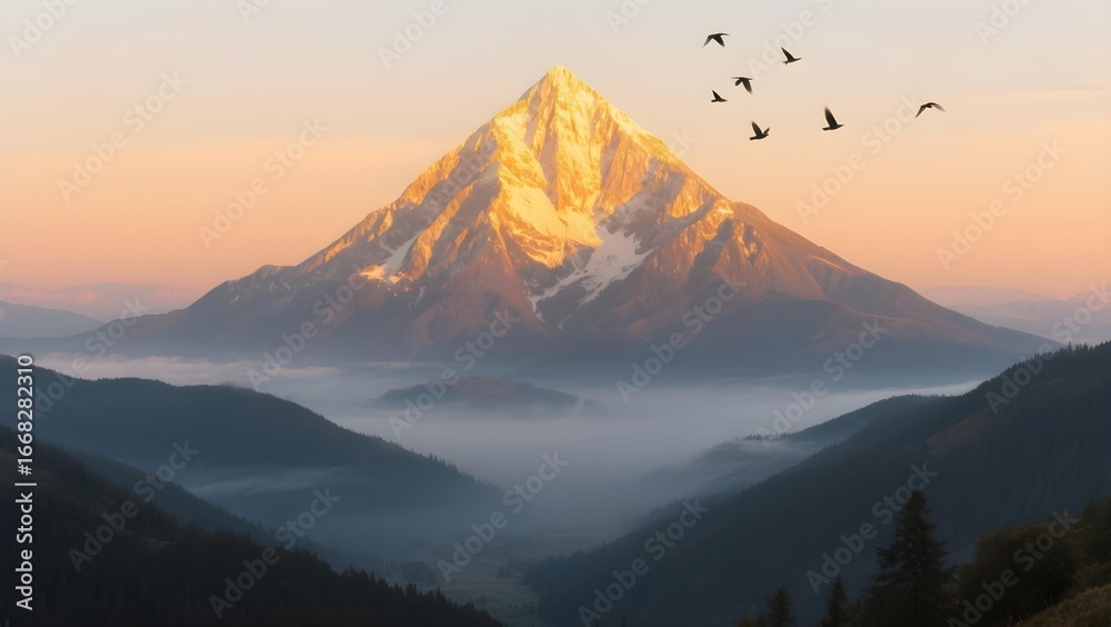 Fototapeta premium Golden mountain peak bathed in sunrise, mist-filled valley below, birds circling.