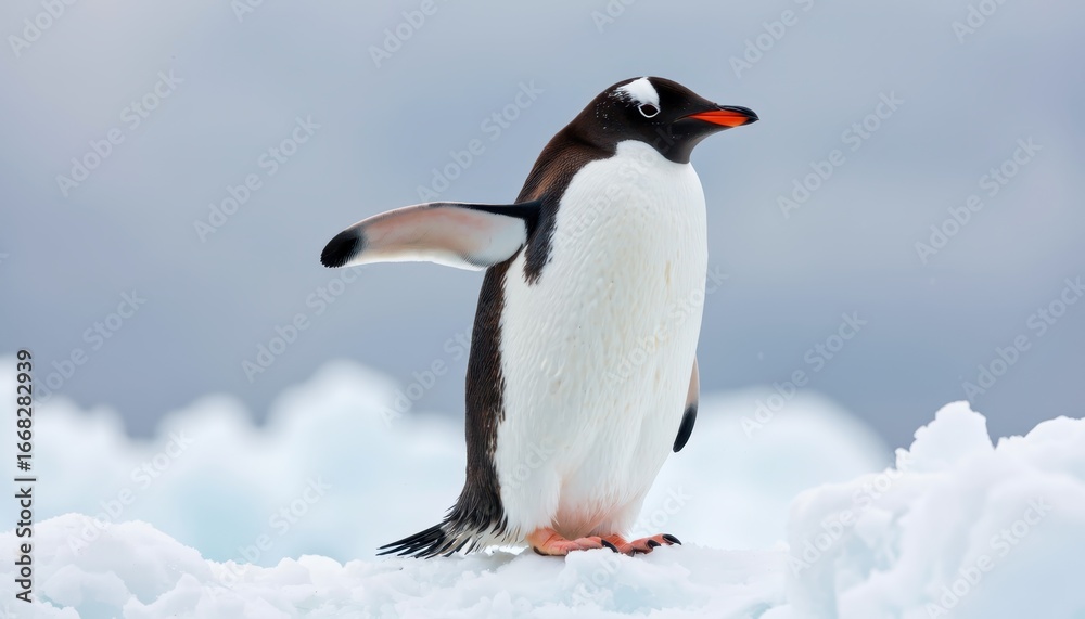 Naklejka premium Gentoo penguin walking on ice antarctica wildlife photography cold environment close-up perspective nature's beauty