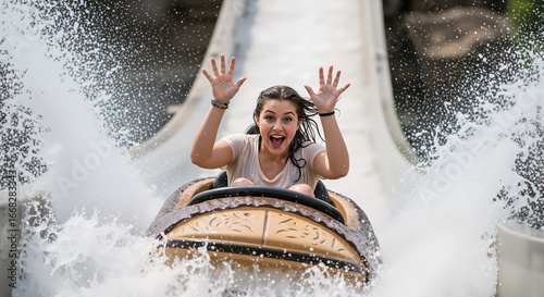 A happy woman with her hands raised rides a log flume as water splashes around her, screaming with excitement and joy on a sunny day at the amusement park.