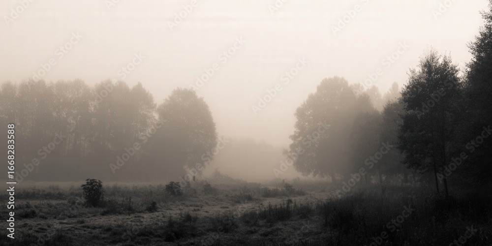 Obraz premium Mist-covered trees create a serene, sepia-toned landscape in the tranquil morning.