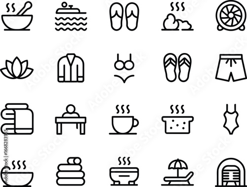 Spa and wellness icon set, relaxation and leisure symbols, sauna, hot tub, swimwear, towels, tea, massage, vector illustration, black and white
