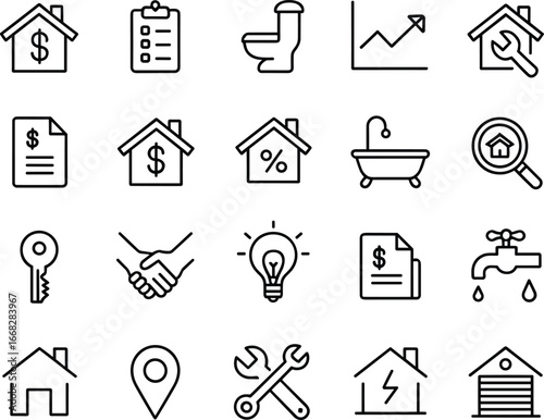 Real estate, property value, home maintenance, plumbing, electricity, mortgage, inspection, repair services, utilities, garage, location pin, handshake, key, contract