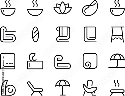 Spa, wellness, relaxation, lounge chair, beach umbrella, hot tub, jacuzzi, towels, lotus, steam bowl, armchair, leaf, tissue box, blueprint, menu, towel rack, vector illustration