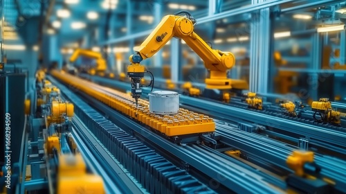An automated robotic arm efficiently working on an industrial assembly line.