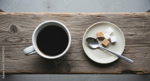 Overhead Coffee Still Life: Cup, Sugar Cubes, Spoon on Rustic Wood.