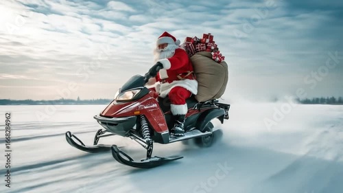 Santa Claus speeds across snowy landscape on snowmobile, delivering gifts Christmas eve. Festive winter scene conveying holiday spirit and urgency