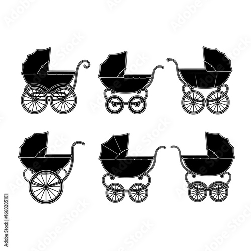 Collection of vintage baby carriage silhouettes isolated on transparent background