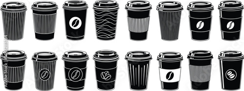 Black and white coffee cup variations, takeaway beverages with lids and sleeves, seamless pattern