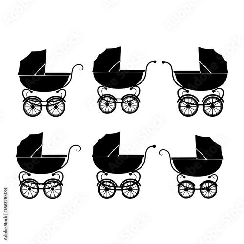 Collection of vintage baby carriage silhouettes isolated on transparent background