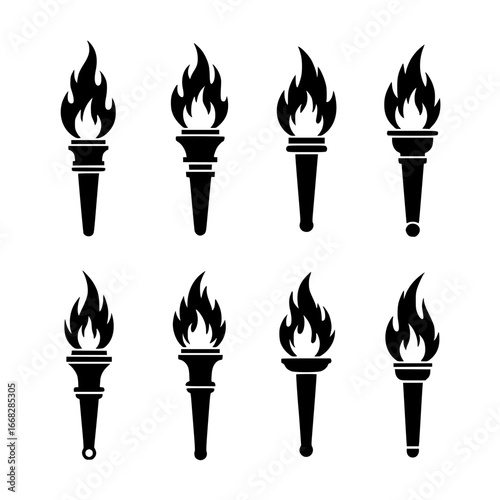 A set of eight distinct black silhouette torch icons, each featuring a stylized flame, presented isolated on a transparent background.