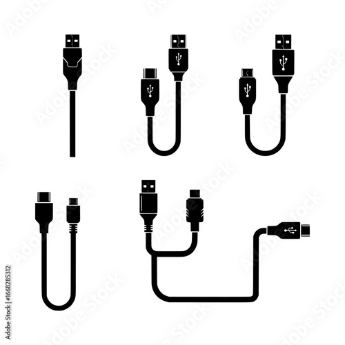 Collection of black usb cable silhouettes with various connectors and configurations isolated on transparent background silhouette