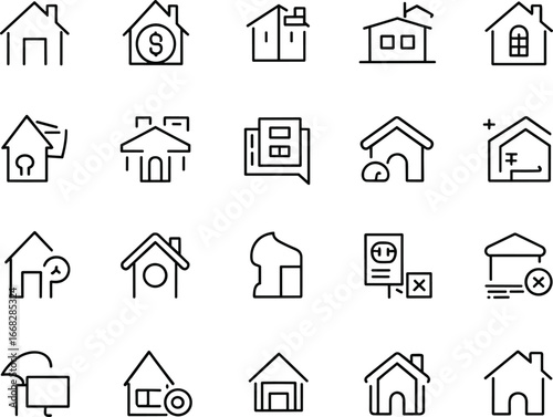 Real estate and home icon set, house, key, document, checkmark, architecture, property, mortgage, rent, sale, vector illustration, black outline