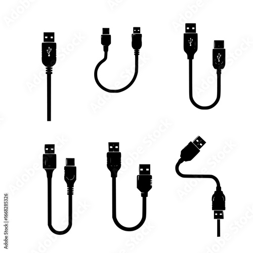 Collection of black usb cable silhouettes with various connectors and configurations isolated on transparent background silhouette