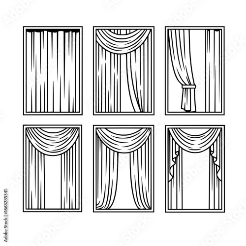 Collection of six hand drawn window curtain styles with draped fabric and tie backs silhouette isolated on transparent background